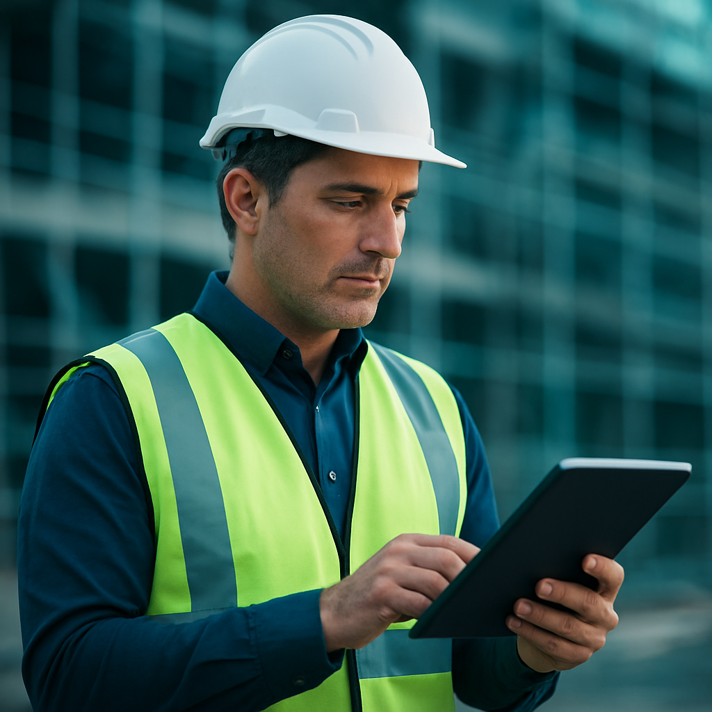 Engenheiro civil analisando documentos da obra em um tablet no canteiro